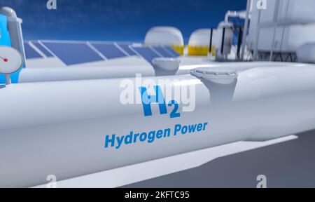 Produzione di energia rinnovabile idrogeno - gas idrogeno per energia elettrica pulita impianto solare e di turbine eoliche. rendering 3d. Foto Stock