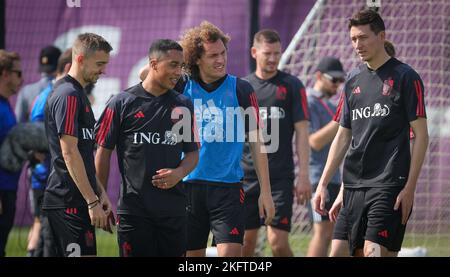 Il belga Timothy Castagne, il belga Youri Tielemans, il belga Wout Faes e il belga Hans Vanaken hanno fatto foto durante una sessione di allenamento della nazionale belga di calcio The Red Devils, all'Hilton Salwa Beach Resort di Abu Samra, Stato del Qatar, domenica 20 novembre 2022. I Red Devils si stanno preparando per la prossima Coppa del mondo FIFA 2022 in Qatar. BELGA PHOTO VIRGINIE LEFOUR Foto Stock