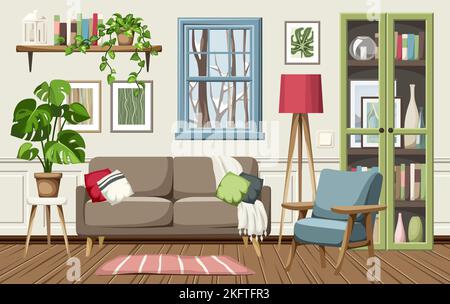 Accogliente soggiorno invernale interno con alberi innevati fuori dalla finestra. Interni dal design moderno e colorato con divano, poltrona, libreria e casa Illustrazione Vettoriale