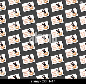 Felice anno nuovo carta da imballaggio semaless modello vettoriale con conigli neri su cartoline con saluti Illustrazione Vettoriale