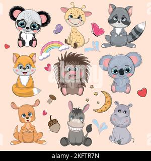 Grande set simpatici animaletti divertenti su sfondo bianco. Illustrazione Vettoriale