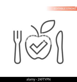 Apple e segno di spunta con l'icona del vettore linea forchetta e coltello. Alimentazione sana e dieta delineato simbolo. Illustrazione Vettoriale