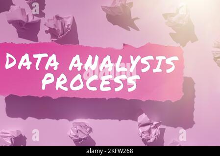 Simbolo di testo che mostra il processo di analisi dei dati. Parola per le procedure o le tecniche di analisi dei dati Foto Stock