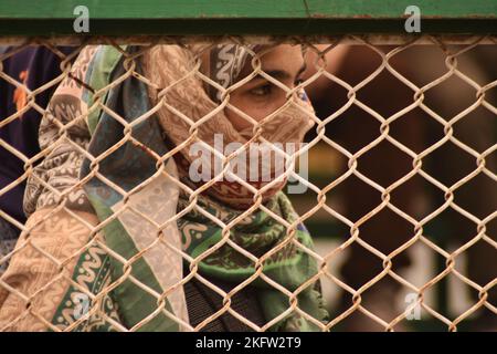 Srinagar, India. 19th Nov 2022. I fan che vengono a guardare i-Leauge Una partita tra Real Kashmir FC e Rajasthan United FC il 19 novembre 2022 presso il tappeto erboso sintetico del TRC Grounds in Kashmir, India. La sede del gioco - è venuto vivo dopo tre anni come tifosi di calcio riempì gli stand in un fresco sabato pomeriggio. La partita - vinta da RKFC 2-0 - è stata la prima partita di alto profilo nella valle dallo scoppio del COVID-19. (Foto di Mubashir Hassan/Pacific Press) Credit: Pacific Press Media Production Corp./Alamy Live News Foto Stock