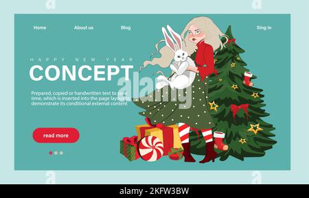 Vacanze invernali, Landing Page Template per la festa aziendale. I personaggi più piccoli celebrano il nuovo anno con il grande 2023 Illustrazione Vettoriale
