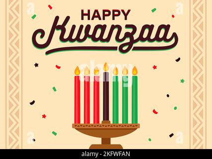 Buon biglietto di auguri Kwanzaa con kinara e sette candele. Illustrazione di clip vettoriali cartoni animati. Illustrazione Vettoriale