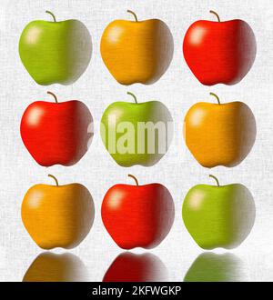 Le mele sono l'oggetto di questa illustrazione 3-D che include i colori brillanti e l'illuminazione drammatica. Texture e grunge sono anche visti in questo gruppo o Foto Stock