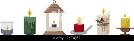 Candele che bruciano. Cute mano disegnata hygge decorazioni interne vettore di illustrazione set. Elemento decorativo di design per le feste. Candela di Natale stile boho. Illustrazione Vettoriale