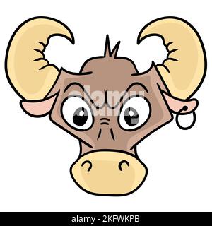 Un vettore modificabile di una testa di bufalo arrabbiata con un anello appeso all'orecchio Illustrazione Vettoriale