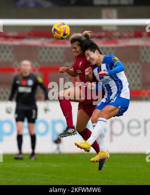 Crawley, Regno Unito. 20th Nov 2022. Crawley, Inghilterra, 20th 2022 novembre: Lee Geum-min (9 Brighton) e Katie Stengel (24 Liverpool) si battono per la palla durante la partita di calcio della Barclays Womens Super League tra Brighton e Liverpool al Broadfield Stadium di Crawley, Inghilterra. (James Whitehead/SPP) Credit: SPP Sport Press Photo. /Alamy Live News Foto Stock
