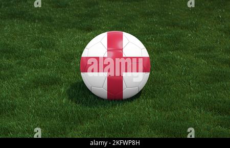 Pallone da calcio con i colori della bandiera inglese in uno stadio su sfondo verde erba. Illustrazione 3D. Foto Stock