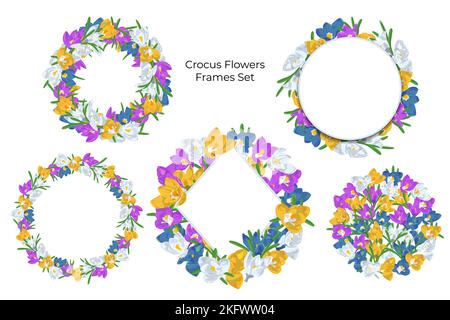 Set di corone romantiche con fiori di croco disegnati a mano. Cornici floreali. Illustrazione Vettoriale