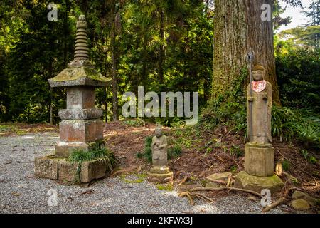 Antiche lanterne di toro in pietra nella foresta del tempio da vicino Foto Stock