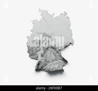 Un'illustrazione 3D della mappa della Germania con rilievo ombreggiato su sfondo bianco Foto Stock