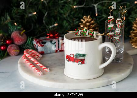 Una tazza di cacao caldo guarnita con marshmallows ricoperti di cioccolato. Foto Stock