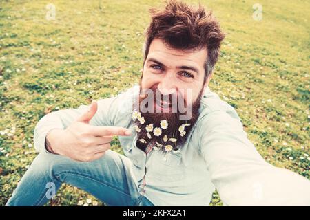 L'uomo con la barba gode di primavera, verde prato sfondo. Ragazzo con fiori di daisy o camomilla in barba scattando foto selfie. Hipster sul volto sorridente Foto Stock