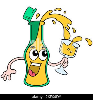 Illustrazione vettoriale di una bottiglia allegra con succo d'arancia versato in un bicchiere Illustrazione Vettoriale