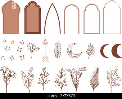 Design degli elementi della linea celeste. Grafica boho stile, oggetti magici contemporanei. Luna, stelle e arco, Doodle vettore floreale botanica rami Illustrazione Vettoriale