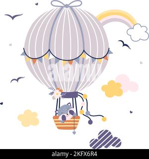 Animale su mongolfiera. Gli animali volano in cielo, carino cartone animato disegno di stampa infantile. Divertente adorabile baby design, volo di viaggio sfondo vettoriale Illustrazione Vettoriale