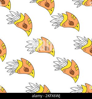 Un vettore di pattern senza cuciture modificabile di cappelli tribali tradizionali con piume Illustrazione Vettoriale