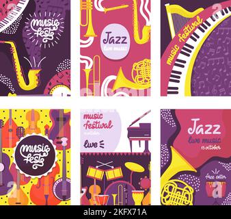 Poster dei festival musicali con strumenti. Volantini jazz Street fest, banner musicali per feste estive. Progettare un modello vettoriale neoterico per l'invito all'evento Illustrazione Vettoriale