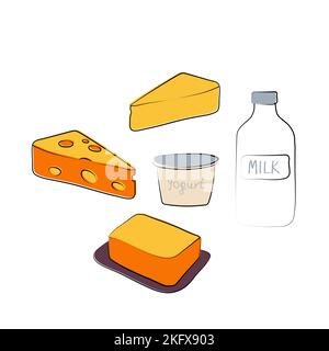 Set di icone prodotti lattiero-caseari. Cartello latte alimentare. Illustrazione disegnata a mano con cartoni animati vettoriali. Illustrazione Vettoriale