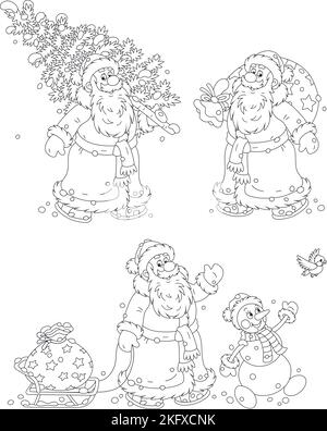 Vector cartone animato bianco e nero con Babbo Natale, un divertente pupazzo di neve giocattolo, una magica borsa di regali per le vacanze per i bambini e un piccolo albero di Natale Illustrazione Vettoriale