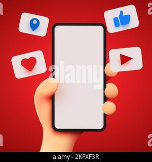 Simpatico cartone animato con smartphone mobile e icona dei social media. Concetto di marketing. Illustrazione vettoriale Illustrazione Vettoriale