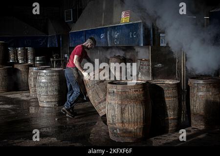 Produttore di barili presso la cooperage Speyside, Craigellachie, Scozia . Foto Stock
