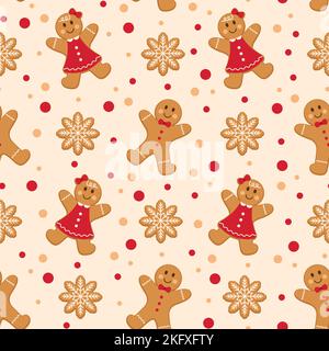 Inverno Natale modello senza cuciture con Gingerbread uomo e donna con biscotti fiocco di neve. Illustrazione vettoriale. Illustrazione Vettoriale