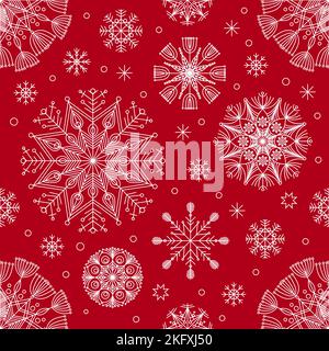 Motivo senza cuciture con fiocchi di neve bianchi su sfondo rosso. Inverno, natale, Capodanno tema. Per il design di tessuti, sfondi, scrapbookin Illustrazione Vettoriale