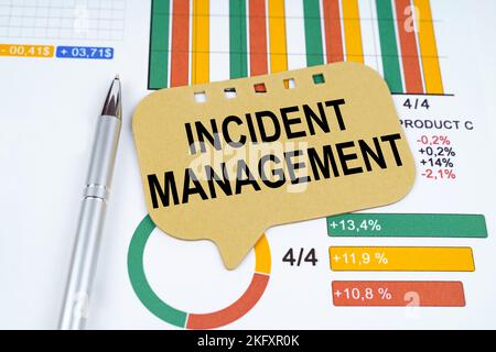Concetto aziendale. Sui grafici aziendali sono presenti una penna e un cartello con la scritta Incident Management Foto Stock