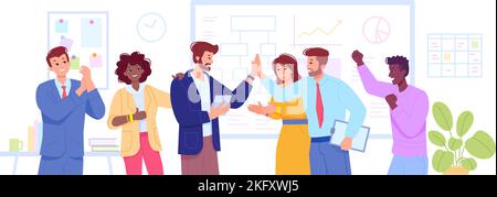 Allietare i colleghi sul luogo di lavoro. Felice dipendente squadra multirazziale trionfo in carica, collega aggrappare congratulazioni professionale raggiungimento, swanky vettore illustrazione di celebrazione businesspeople Illustrazione Vettoriale