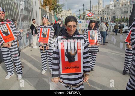 Diverse centinaia di iraniani e i loro sostenitori hanno manifestato sabato 19 novembre a Madrid, in Spagna, contro i cosiddetti massacri da parte delle autorità iraniane dopo la morte di Mahsa Amini in custodia della polizia morale. I manifestanti hanno camminato lungo la Gran Vía, una delle strade principali della città, gridando "per le donne iraniane, per la giustizia in Iran!”, "Donna, vita, libertà” e alcuni slogan contro il governo spagnolo, che alcuni vogliono interrompere le relazioni diplomatiche con l'Iran. Almeno 342 persone sono state uccise nelle forze di sicurezza iraniane da quando sono iniziate le proteste due mesi fa, secondo quanto affermato Foto Stock