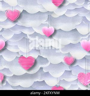 Nuvole grigie con cuori rosa sospesi di diverse texture. Illustrazione acquerello. Modello senza cuciture della collezione DAY DI SAN VALENTINO. Per Foto Stock