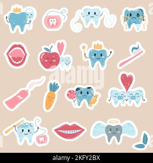 Adesivi disegnati a mano con personaggi a denti kawaii in stile cartoon piatto. Illustrazione vettoriale di denti sani e malati Illustrazione Vettoriale
