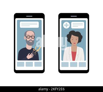Appuntamento del medico online con gli smartphone. Videochiamata medico e paziente. Illustrazione Vettoriale