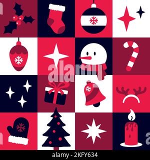 Modello senza cuciture con simboli natalizi. Illustrazione vettoriale xmas per sfondo, striscioni, carta da imballaggio o confezioni in rosso, blu scuro e bianco Illustrazione Vettoriale
