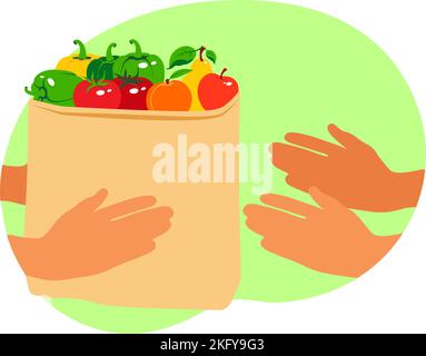 Ordine di cibo online. Servizio di consegna rapida senza contatto. Confezione di carta con cibo fresco del supermercato in mani di guanti. Attenzione alla salute. Illustrazione Vettoriale