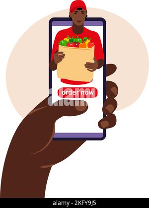 Concetto di servizio di consegna online. Concetto di e-commerce. Infografica online sugli ordini di cibo. Illustrazione vettoriale. Illustrazione Vettoriale