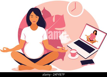 Donne incinte che praticano lo yoga e la meditazione online. Benessere e stile di vita sano in gravidanza. Illustrazione vettoriale. Piatto Illustrazione Vettoriale