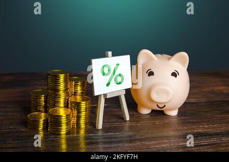 Piggy bank con segno di denaro e percentuale. Tasso di interesse del prestito. Bonus di acquisto cashback. Ritorno sul ROI dell'investimento. Offerte vantaggiose di depositi bancari Foto Stock