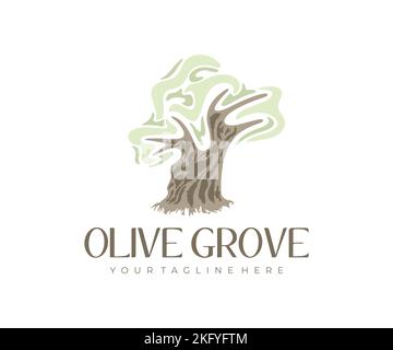 Olivo, olive, giardino e giardinaggio, logo design. Natura, olio d'oliva, cibo, pasto e cucina mediterranea, disegno vettoriale e illustrazione Illustrazione Vettoriale