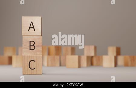 Pila di blocchi di piastrelle di legno con segno ABC, rendering 3D. Istruzione, scuola e apprendimento di base concetti alfabetici Foto Stock