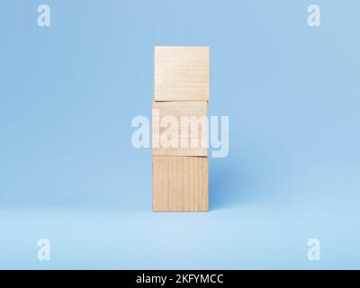 Pila di blocchi di piastrelle di legno su sfondo blu isolato, rendering 3D. Simulazione per testo, abbreviazioni e segni su cubi di legno Foto Stock