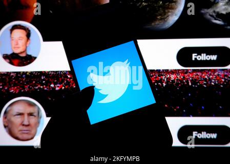 India. 21st Nov 2022. In questa illustrazione, Un logo Twitter visualizzato su uno smartphone con Elon Musk e la home page dell'account Twitter di Donald Trump sullo sfondo. (Foto di Avishek Das/SOPA Images/Sipa USA) Credit: Sipa USA/Alamy Live News Foto Stock