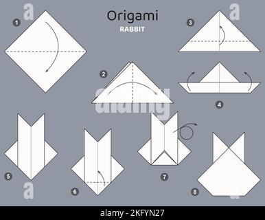 Tutorial Origami. Schema Origami per bambini. Coniglio. Illustrazione Vettoriale
