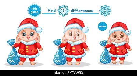 Cute coniglietto di Natale trovare 10 differenze educazione bambini gioco. Confronta i conigli di Capodanno in costume di Santa. Cerca corrispondenza. Lepre animale di festa. Vettore Illustrazione Vettoriale