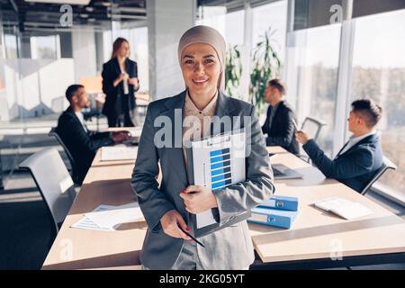 Ritratto di donna d'affari musulmana è in piedi nella sala riunioni di colleghi sfondo Foto Stock
