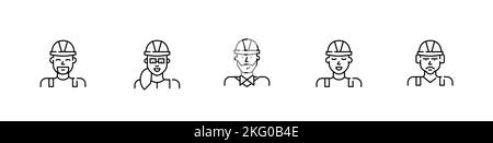 Icone del personale di costruzione. Caposquadra, appaltatore, ingegnere e architetto in cappelli duri. Pixel Perfect, tratto modificabile Illustrazione Vettoriale